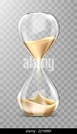 Sand hourglass, glass timer with falling golden grains. Vector realistic sand clock isolated on transparent background. Vintage watch for countdown ho Stock Vector