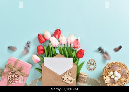 Banner for happy Easter. Space for copying. Flat position, top view. Stock Photo