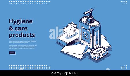 Hygiene and care products isometric landing page with liquid sanitizer, antibacterial soap bar, wet wipes or towels for washing hands. Bathroom toilet Stock Vector