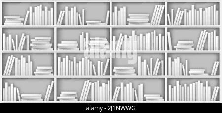 White bookshelf mockup, books on shelf in library, home, school or office interior. Volumes with blank paperback stand in row and lying in pile on rac Stock Vector