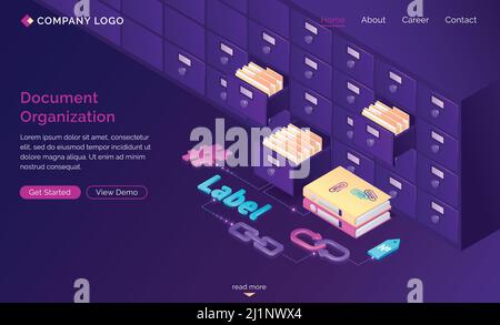 Work with documents organization isometric landing page, office cabinet with drawers, files, hashtags, folders, label, bidirectional links. Business a Stock Vector