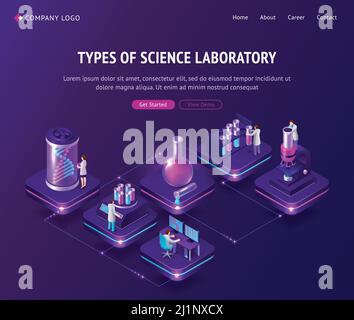 Vaccine development in laboratory isometric landing page, scientists working in lab with medical bottles and huge dna spiral projection on covid19 vir Stock Vector