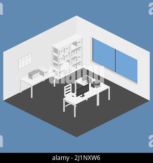 Flat isometric office, table, computer Stock Vector