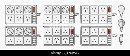 power strip extension cord outlet plug set vector flat illustration Stock Vector