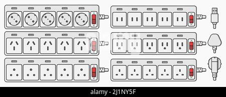 power strip extension cord outlet plug set vector flat illustration Stock Vector