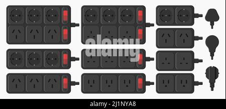 power strip extension cord outlet plug set vector flat illustration Stock Vector