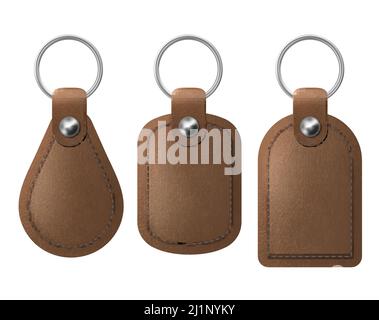 Leather keychains, brown keyring holders set with metal rings. Accessories or souvenir trinkets for home, car or office isolated on white background. Stock Vector