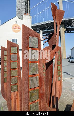 The Ferryman Sculpture on the waterside at Saltash in Cornwall overlooks the River Tamar Stock Photo