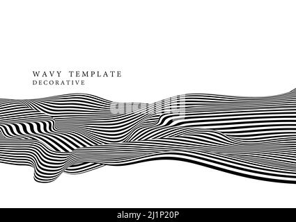 Abstract black and white op art lines pattern swirl wavy decorative template. Artwork design isolated background. Stock Vector