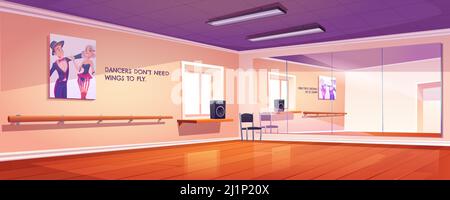 Dance studio, empty ballet class interior with mirrors and wooden floor. Rehearsal room for lessons with wall handrails and artist banners on wall, da Stock Vector
