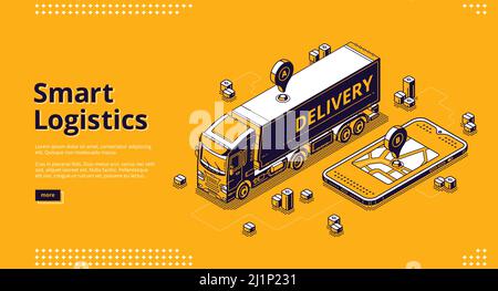 Smart logistics isometric landing page, tracking geo location service. Truck riding on route at huge smartphone with gps navigator pin on city map. Dr Stock Vector