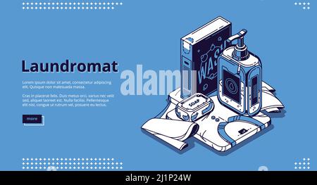 Laundromat banner. Laundry service for washing or dry cleaning clothes. Vector landing page of launderette with isometric illustration of detergent po Stock Vector