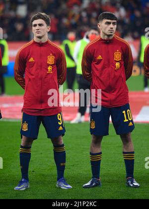 Gavi and Pedri of Spain during the International Friendly match between Spain andAlbania at RCDE Stadium in Cornella, Spain, Stock Photo