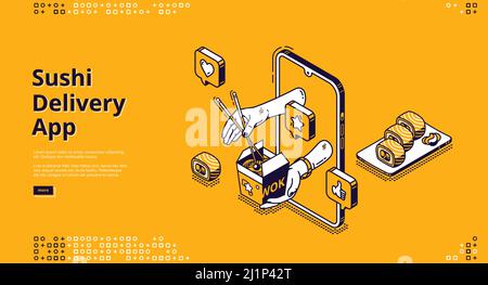 Sushi delivery isometric landing page. Mobile app, online service for order Japanese food and asian meals. Human hands giving wok box with noodles fro Stock Vector