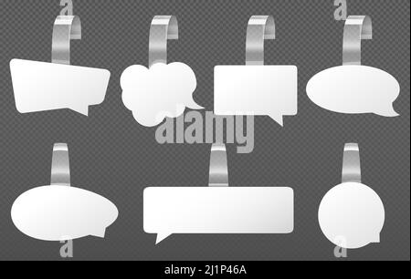 White wobblers speech bubbles mockup. Different shapes price tags. Vector realistic set of blank paper wobblers with clear plastic strip for supermark Stock Vector