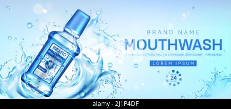 Mouthwash bottle in water splash. Vector realistic brand poster with cosmetic product for dental care, mouth rinse for tooth protection. Promo banner, Stock Vector