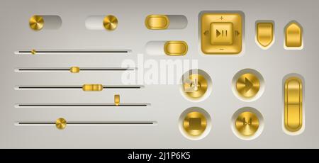 Music control panel with golden buttons, knobs, switch and volume slider. Vector realistic interface of audio or video application with gold colored b Stock Vector
