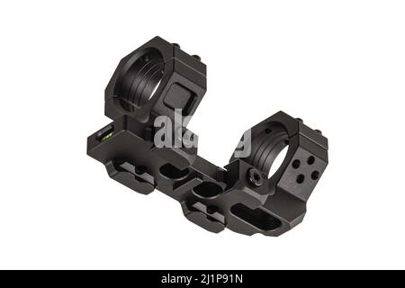 Quick disconnect mount made for holding a scope on a rifle isolated on white background. Quick Release Sniper Cantilever Scope Mount. Stock Photo