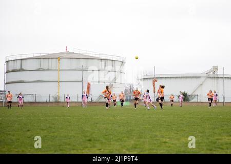 London, UK. 27th Mar, 2022. Wide shot of action during the London and South East Regional Womens Premier game between Ashford and Dulwich Hamlet at Robert Parker Stadium in London, England. Liam Asman/SPP Credit: SPP Sport Press Photo. /Alamy Live News Stock Photo