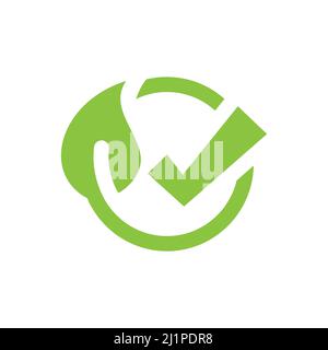 Biodegradable, eco safe and friendly icon. Leaf circle with checkmark filled vector symbol. Stock Vector