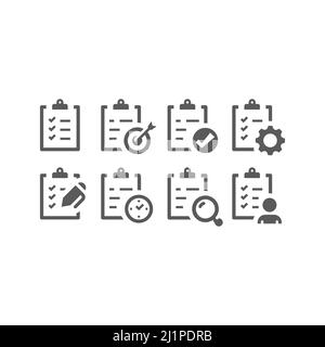 Clipboard checklist black vector icon set. Clip board with checkmark, clock, pen filled icons. Stock Vector