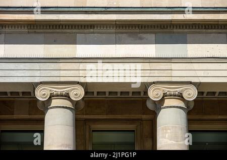 Architectural detail of supporting columns at the classicist Royal Hall (Königsbau) at Schlossplatz in Stuttgart, Baden-Württemberg, Germany. Stock Photo
