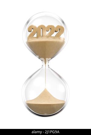 Year 2022 hourglass - 3D illustration of time slipping away like sand Stock Photo