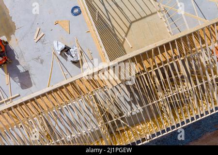 An interior viewed upper building of a new wooden house under construction Stock Photo