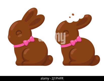 Cute chocolate bunny with with pink bow. Ear bite. Traditional Easter treat, isolated vector illustration. Stock Vector