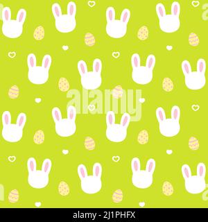 Cute cartoon Easter bunny pattern. Easter eggs and white rabbit head on green background, seamless repeating texture. Vector illustration. Stock Vector