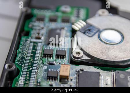 Laptop and notebook data storage components like hdd, hard disk drive, ram memory show data backup, data security and technical archive solutions Stock Photo