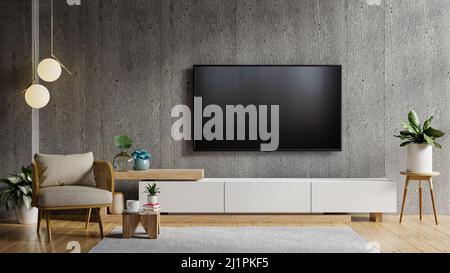 LED TV mockup on cabinet in living room the concrete wall.3d rendering Stock Photo