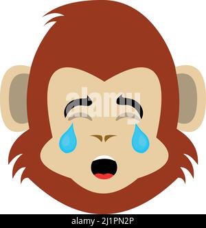 Vector illustration of a cartoon monkey face with a sad expression, crying with tears in his eyes Stock Vector
