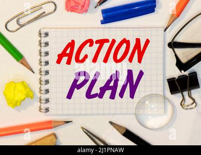 Action Plan word cloud written on a whiteboard Stock Photo