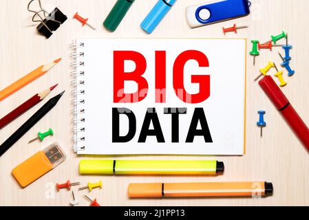 Hand writing text caption showing Big Data. Business concept for Digital Business Analysis Written on notepad paper background with space office view Stock Photo