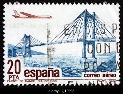 SPAIN - CIRCA 1981: a stamp printed in the Spain shows Rande River Bridge, Pontevedra, circa 1981 Stock Photo