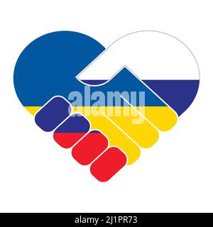 Handshake symbol in the colors of the national flags of Russia and Ukraine, forming a heart. The concept of peace, friendship. No war. Flat vector ill Stock Vector