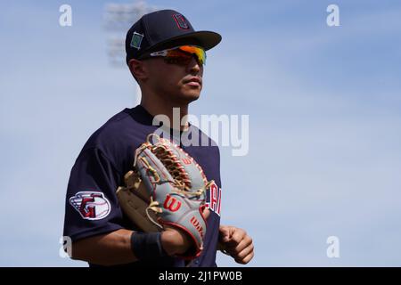 Scottsdale, United States. 25th Mar, 2022. Cleveland Guardians equipment in  the dugout hats and gloves during a MLB spring training baseball game on  Friday Mar. 25, 2022, at Scottsdale Stadium in Scottsdale