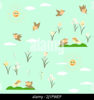 spring flowers daffodils and birds pattern no background Stock Vector