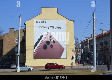 Samsung Galaxy S22 Ultra smartphone outdoor advertising in Vilnius, Lithuania - March 2022. Stock Photo