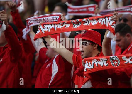 London, UK. 26th Mar, 2022. Swiss football fans. England v Switzerland, International football friendly designated Alzheimer's Society International match at Wembley Stadium in London on Saturday 26th March 2022. Editorial use only. pic by Andrew Orchard/Andrew Orchard sports photography/Alamy Live News Credit: Andrew Orchard sports photography/Alamy Live News Stock Photo