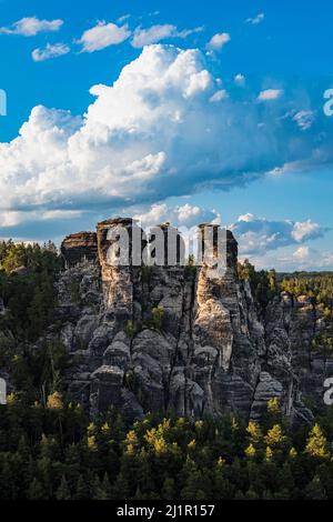 Landscape with rock formations and the summit Hintere Gans in Rathen area of the Saxon Switzerland National Park. Stock Photo