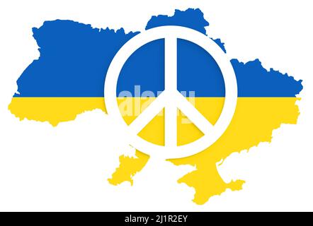 White peace symbol on Ukraine's map with Ukrainian flag. Peace in Ukraine concept. Ukraine's map on white background. Stock Photo