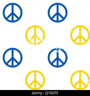 Several yellow and blue peace symbols on a white background, seamless pattern. Colors are from Ukraine's flag. Peace in Ukraine concept. Stock Photo