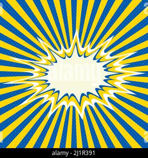 Comic background yellow blue ua rays flag color ukraine, cartoon explosion, lightning blast halftone dots Stock Vector