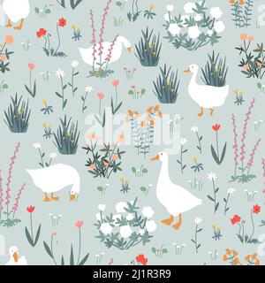 Cute seamless pattern with goose and doodle flowers. Geese in the spring garden. Vector illustration. Stock Vector