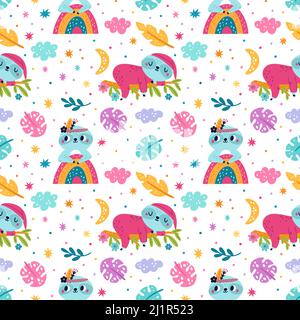 Cute sloth seamless pattern. Cartoon funny tropical animals and plants. Palm leaves and stars. Colorful happy baby character sleeping on branch or Stock Vector