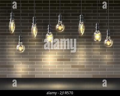 Light bulbs on brick wall background. Realistic glowing Edison lamps. Loft interior objects. Lightbulbs hanging on wire. Vintage hipster design Stock Vector