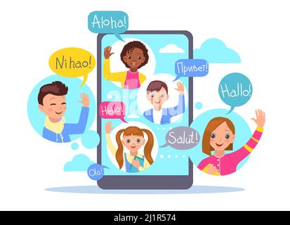 Multi language translator. Kids mobile app. Children education with smartphone. Messaging with vocabulary. Online dictionary. Vector multinational Stock Vector