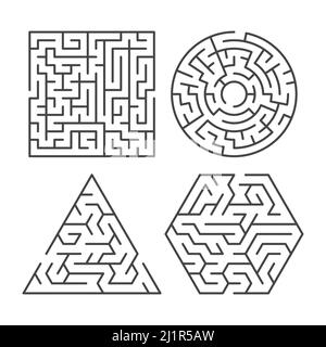 Maze game ways. Outlines puzzles. Different shapes of interesting kids labyrinths. Searching route to exit. Complex educational plays. Finding path Stock Vector